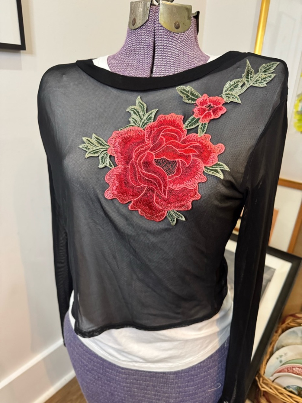 Love Culture Black Sheer Mesh Crop Top with Red Rose Applique